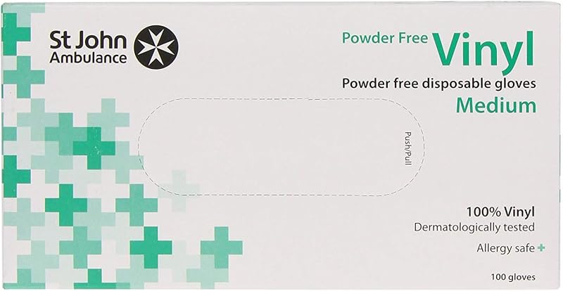St John Ambulance Vinyl Powder Free Gloves Size M Box of 100 - Low Risk Use