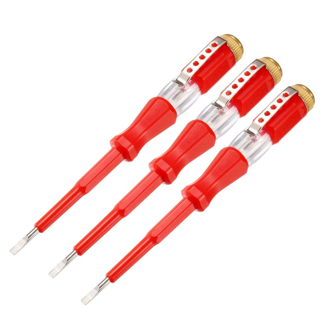 sourcing map Voltage Tester AC 100-500V with 3mm Slotted Screwdriver with Clip for Circuit Test, Red, Pack of 3