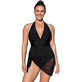 CUPSHE Womens's Plus Size One Piece Swim Dress Tummy Control Swimsuit V Neck Bathing Suit Halter Mesh Skirt Tie