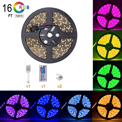 Strip Lights 16.4ft/5m Flexible LED Light Strips 300 Units SMD 5050 LEDs 12V DC RGB Waterproof with 44 Keys IR Remote Controller for Gardens/Homes/Kitchen/Cars/Bar (Power supply is not included)