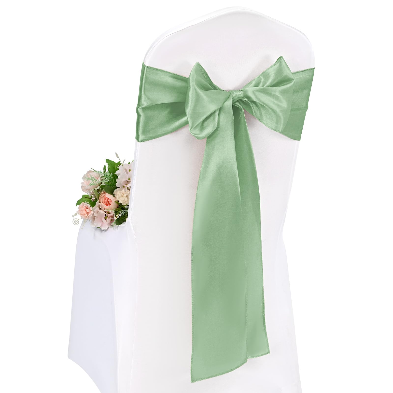 Pesonlook 50 Pcs Sage Green Chair Sashes Satin Chair Cover Bands 7X108 Inch Chair Sashes Bow Back Tie Ribbon For Wedding Party Hotel Decorations (17X275 CM)