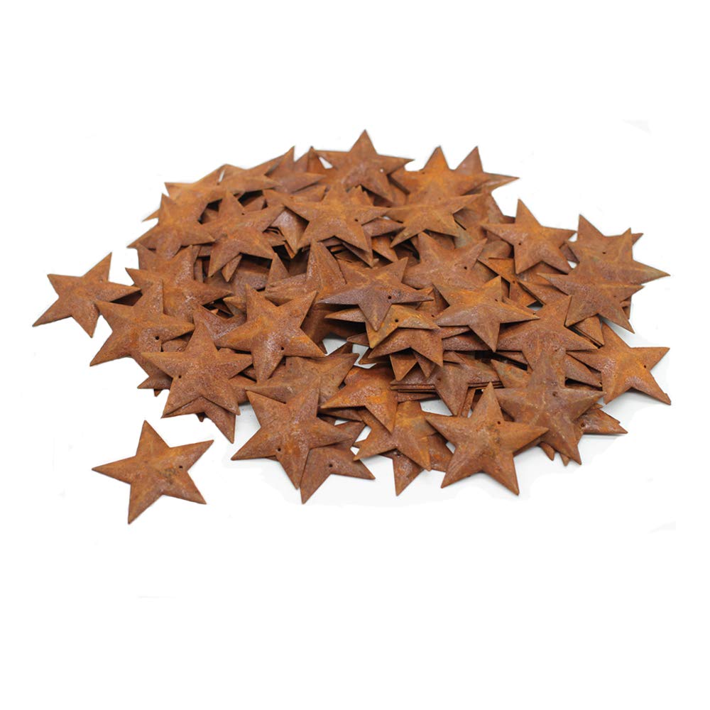 Yokoke Group of 100 Rusted Tin Dimensional Miniature Barn Stars with Hole and Hollow Backs for Decorating and Finishing