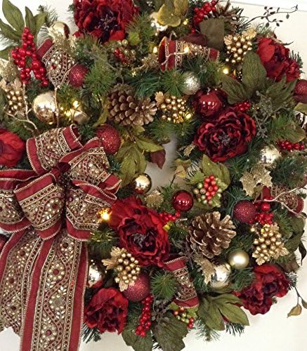 Christmas Wreath by Tyler Interiors. Holiday Wreath, Burgundy Wreath, Jeweled Bead Ribbon, 50 LED Pre-Light Cordless.