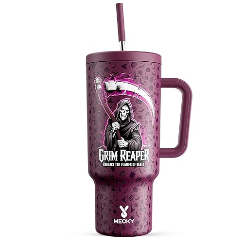 Meoky 40 oz Halloween Tumbler with Handle and Straw, Tumbler with Lid and Straw, Insulated Stainless Steel Travel Mug, 100% Leak-proof, Keeps Cold for 34 Hours or Hot for 10 Hours (Red Skull)