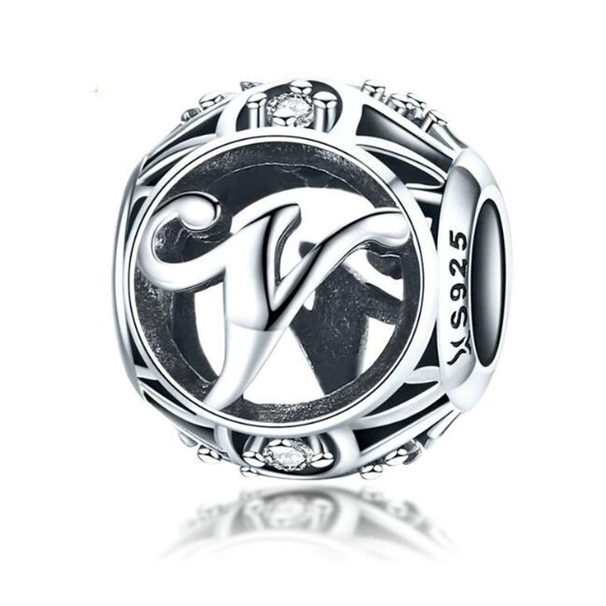 Letter Alphabet Charm 925 Sterling Silver Letter Beads Initial A-Z Alphabet Charms for Bracelets,Compatible with Pandora,European Charm Bracelet Bead (V)