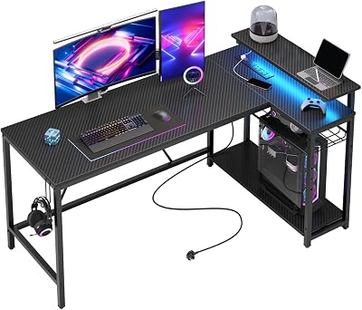 Bestier 58 Inch L-Shaped Gaming Desk with RGB Lights and Outlets