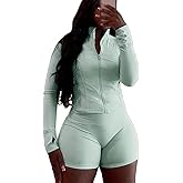 Weafmlia Women Workout 2 Piece Outfits Sets Long Sleeve Zipper Jacket Bodycon Shorts Set Yoga Jogging Sweatsuit
