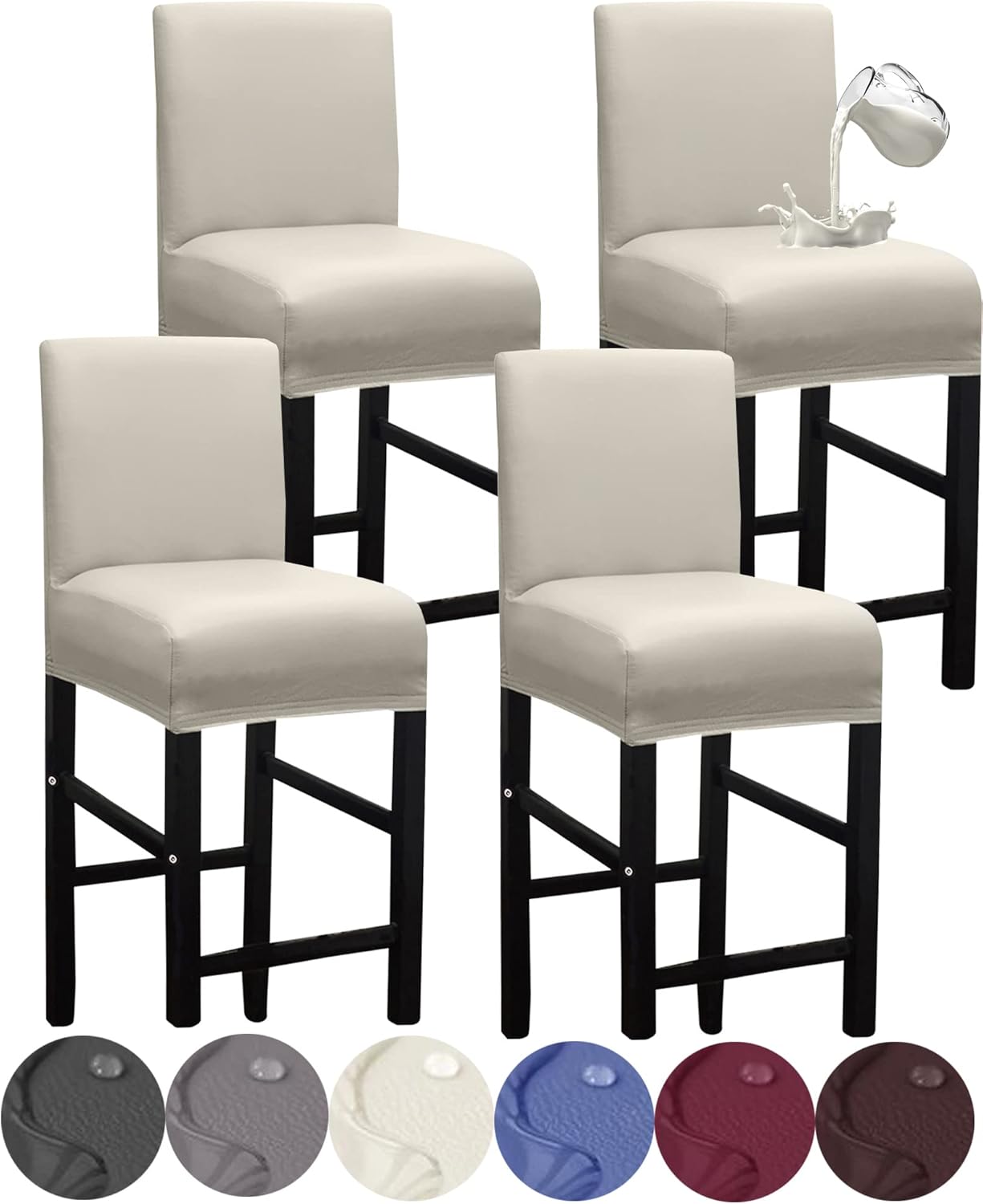 Slipcovers - HFCNMY Bar Stool Covers,4 Pack Stretch Waterproof PU Bar Stool Covers with Backs Bar Stool Chair Covers Barstool Covers Slipcovers with Back Pub Counter Stool Chair Covers with Elastic Bands Beige