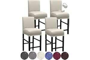 HFCNMY Bar Stool Covers,4 Pack Stretch Waterproof PU Bar Stool Covers with Backs Bar Stool Chair Covers Barstool Covers Slipcovers with Back Pub Counter Stool Chair Covers with Elastic Bands Beige