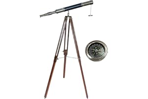 NAVIROCK Nautical Antique Telescope Tube is Covered with Leather in The Center Wooden Floor Standing Tripod Telescope Vintage Home & Office Decor (Antique Finish - Black Leather)