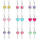 MALOYANVE 9 Pairs Lollipop Earrings for Women Circular heart-shaped pentagram Colorful Cartoon Drop Dangle Earring Kawaii Candy Earrings Set for Christmas Party Jewelry Gifts