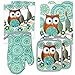 Kitchen Towel Linen Set of 7 Pieces Owl Design Turquoise Blue & Green Modern | 2 Kitchen Towels 2 Potholders, 1 Oven Mitt and 2 Dishcloth (Turquoise)