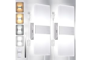 TRLIFE Wall Sconces Plug in, Adjustable 4 Color Temperature Modern LED Wall Sconce, 12W Acrylic Wall Mounted Light Set of 2 Wall Lights with 6FT Plug in Cord for Bedroom Bedside(2 Pack, Silver)