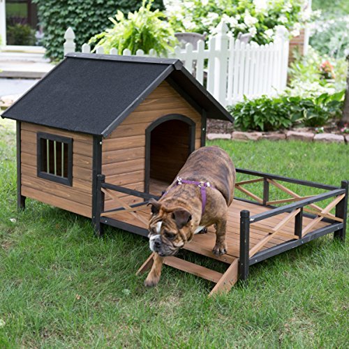 Large Dog House Lodge with Porch Deck Kennels Crates Solid Fir Wood Spacious Deck for Sunny Nap