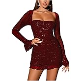 URYIAO Women's Sheer Long Sleeve Sequin Bodycon Mini Dress Sexy Sparkly Ruched Mesh Party Going Out Dresses