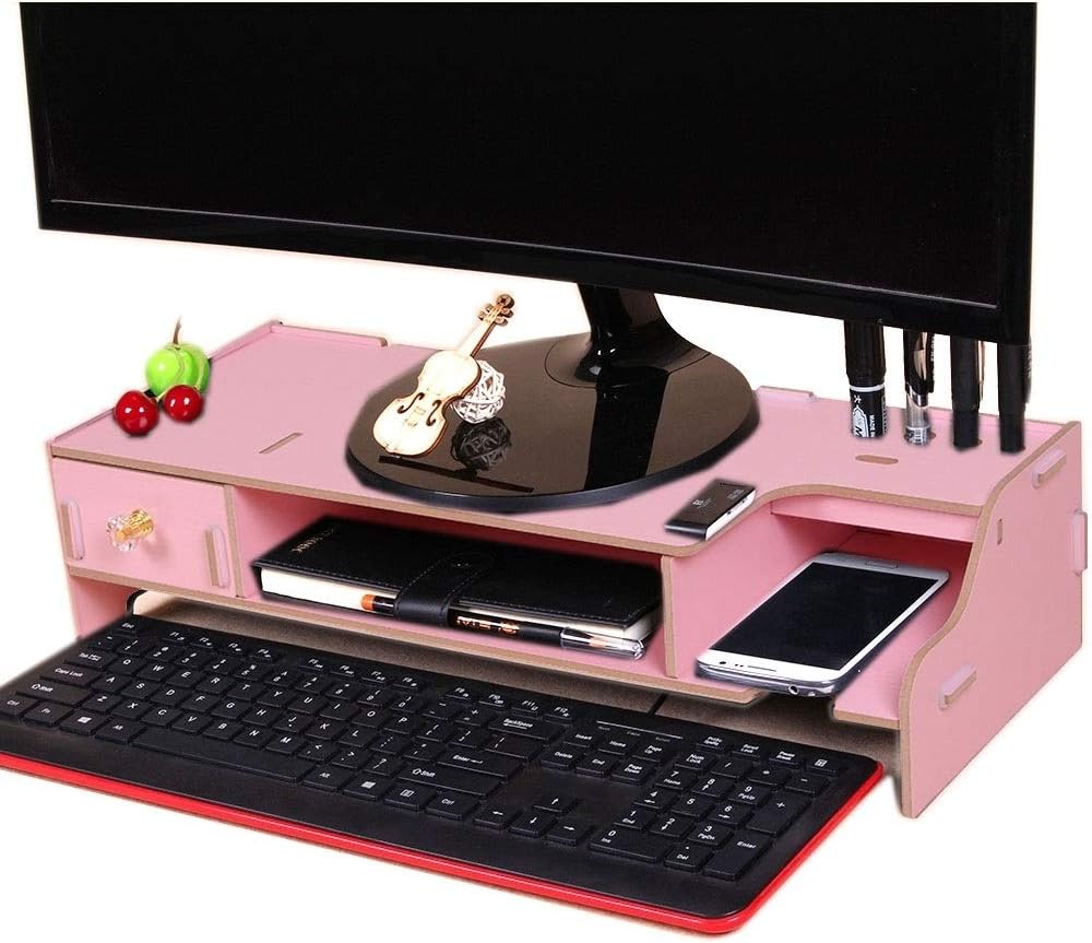 Black Monitor Wooden Stand Computer Desk Organizer with Keyboard Mouse
