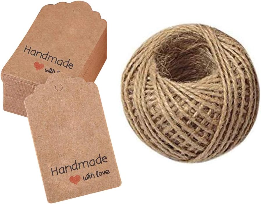 Handmade with Love Mini Gift Paper Tags, 200 pcs Rectangle Brown Gift Labels with 99 ft Natural Jute Twin, Kindness for Gift Wrap, Wedding Favors by Hubhnb