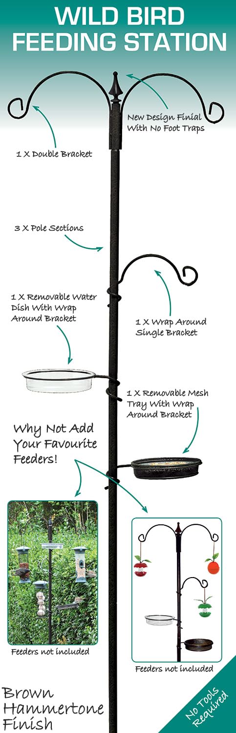 Green Jem Wild Bird Feeding Station With Water Dish, Mesh Pecking Dish For Bird Feed And 3 Arms For Hanging Feeders From, Suitable For Finch, Robing, Starling, Blackbird, Sparrow, Goldfinch, Wren, Jay