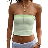 Cioatin Women Cute Reversible Foldover Strapless Stripe Bandeau Tube Tops Sleeveless Y2K Aesthetic Summer Going Out Crop Tank