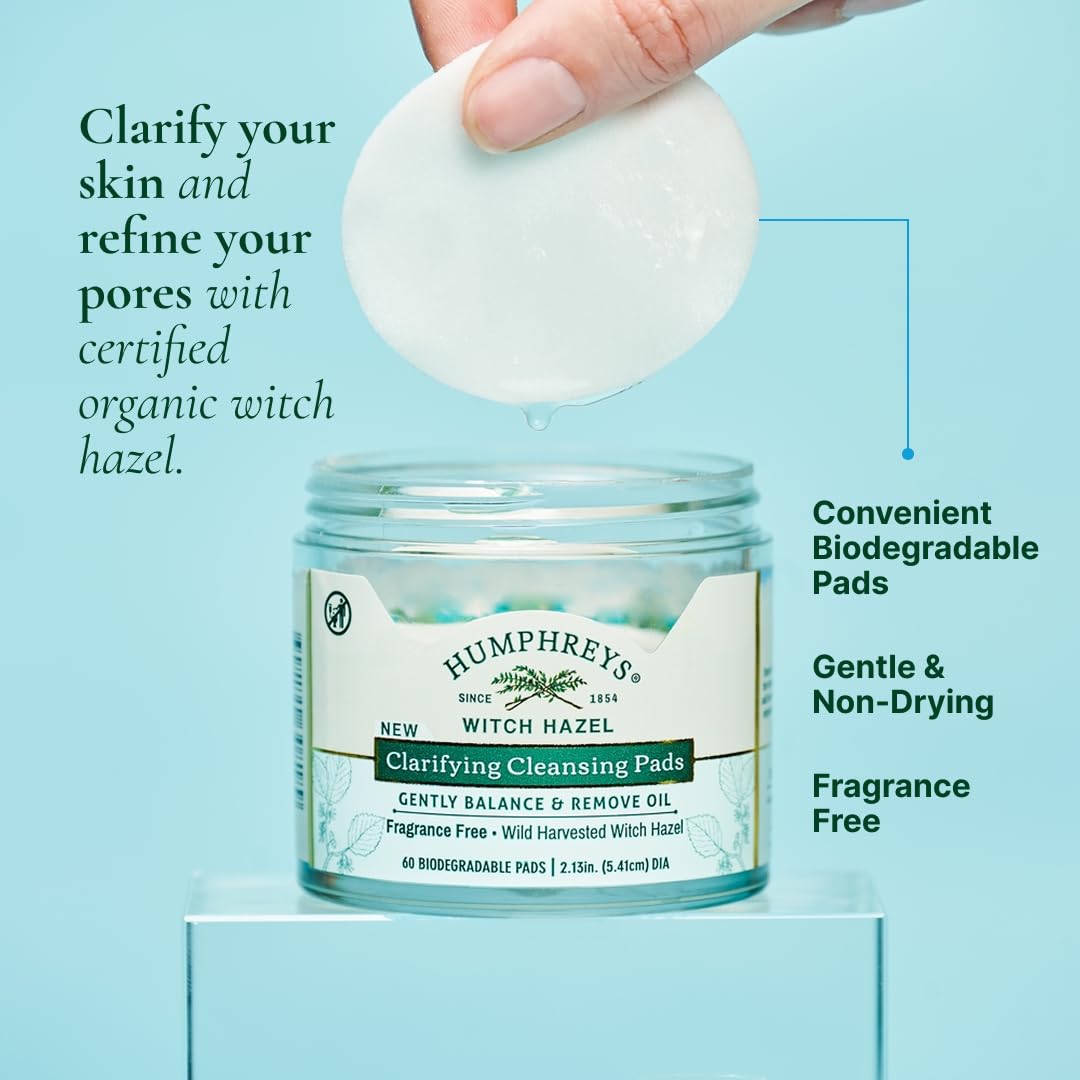 Humphreys Witch Hazel Clarifying Cleansing Pads | Wild Harvested Witch Hazel | Natural, Fragrance-Free Formula | Removes Oil & Impurities | 60 Rounds