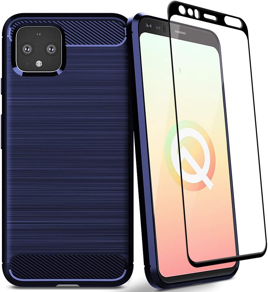 Leeyan Pixel 4 Case, Soft Lightweight Texture Carbon Fiber with Full Cover Tempered Glass Screen Protector, Thin Flexible Anti- Scratch Protective Case for Google Pixel 4 (Blue)