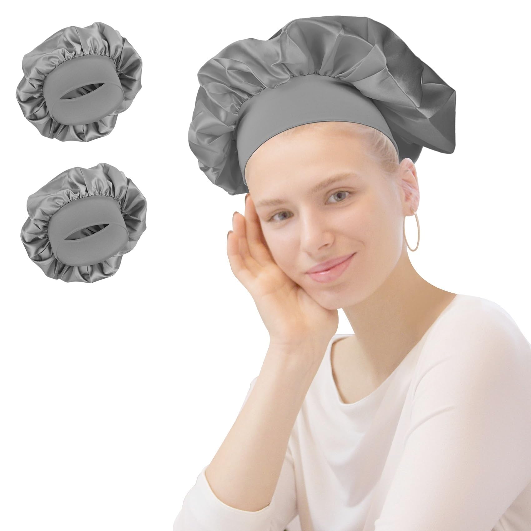 QIANCAIWANG 2 Pack Satin Bonnet, Hair Bonnet for Sleeping, Sleep Hair Cap, Silk Hair Wrap for Women, Girls, Curly Hair (Grey)