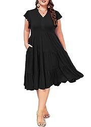 Moon Wood Womens Plus Size V Neck Ruffle Midi Dress