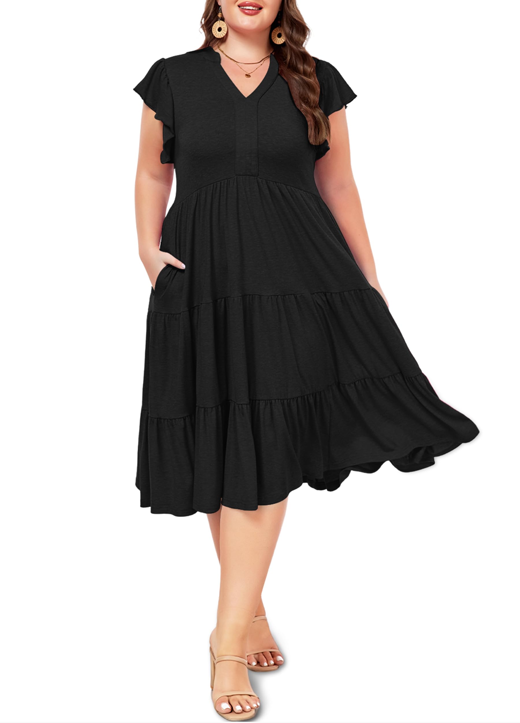 Moon Wood Womens Plus Size V Neck Ruffle Midi Dress