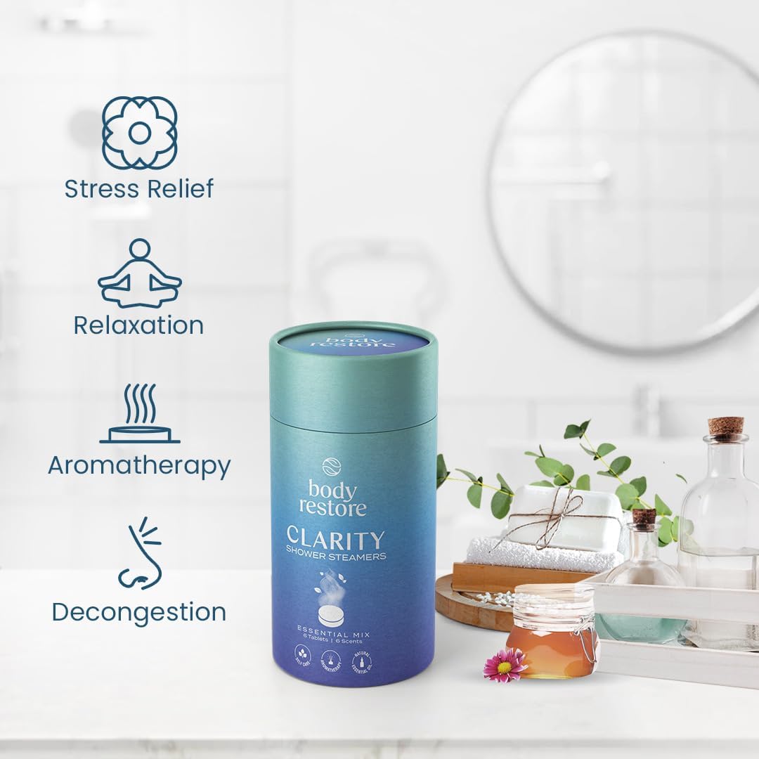 Body Restore Shower Steamers Aromatherapy 6 Pack - Christmas Stocking Stuffers for Men, Birthday Gifts for Women, White Elephant, Relaxation, Self Care - Clarity
