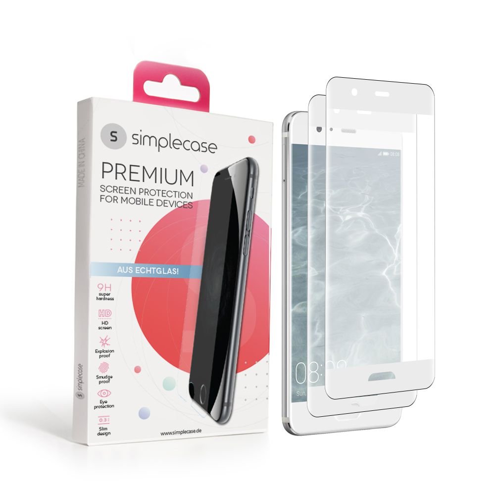 simplecase Tempered Glass Suitable for Huawei P10 Lite, Full Screen Premium Screen Protector, 100% Coverage, Optimal Protection, Extra Hardness 9H, White, Pack of 2