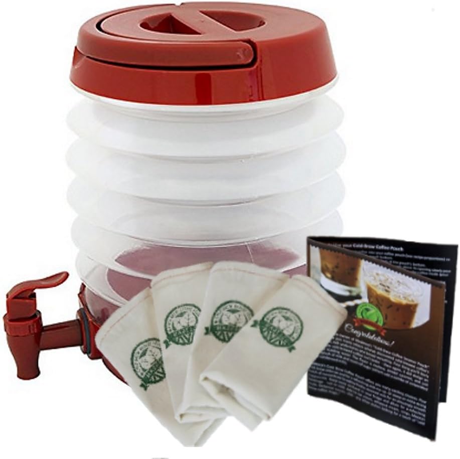 Pop-a-Brew! Madesco Coldbrew Coffee Filters 4-pack and Collapsible Brewer/Dispenser, 3 Coldbrew Coffee Recipe Books