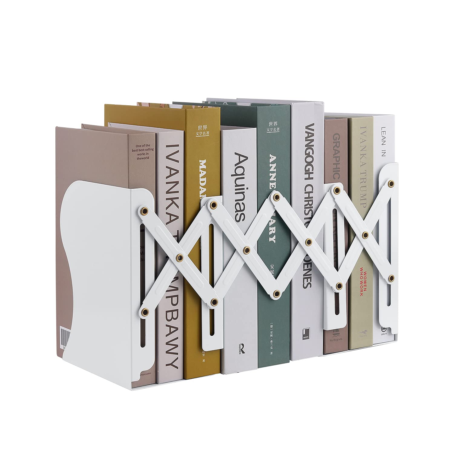 Expandable Metal Bookends, MSDADA Adjustable Book Ends Heavy Duty Book Holder Desktop Book Stand Non-Skid Desk Organizer for Kids Student Home Office School Bookshelf Book Storage(White)