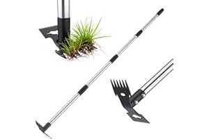 Weed Puller Tool with Long Handle，Adjustable Long Manual Weeder Remover Tool，2 in 1 Hand Weed Rake and Garden Hoe for Gardeni