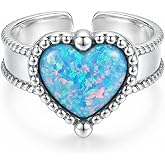 Blue Opal Heart Statement Open Ring Shiny Love Hearted Birthstone Gem Adjustable Open Stacking Finger Rings Comfort Fit Dainty Wedding Engagement Promise Bands Birthday Jewelry for Women Her Daughter