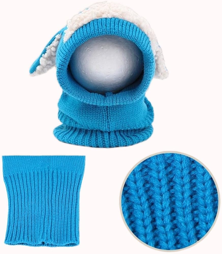 Toddlers Hat Scarf Set in One Infant Boy Girl Animal Coif Hood Cap Winter Warm Knitted Cartoon Pattern Neck Collar Head Wraps Cute Long Ears Kids Outdoor Thick Crochet Cotton Snood Shawl Xmas Gift Kit - Image 3