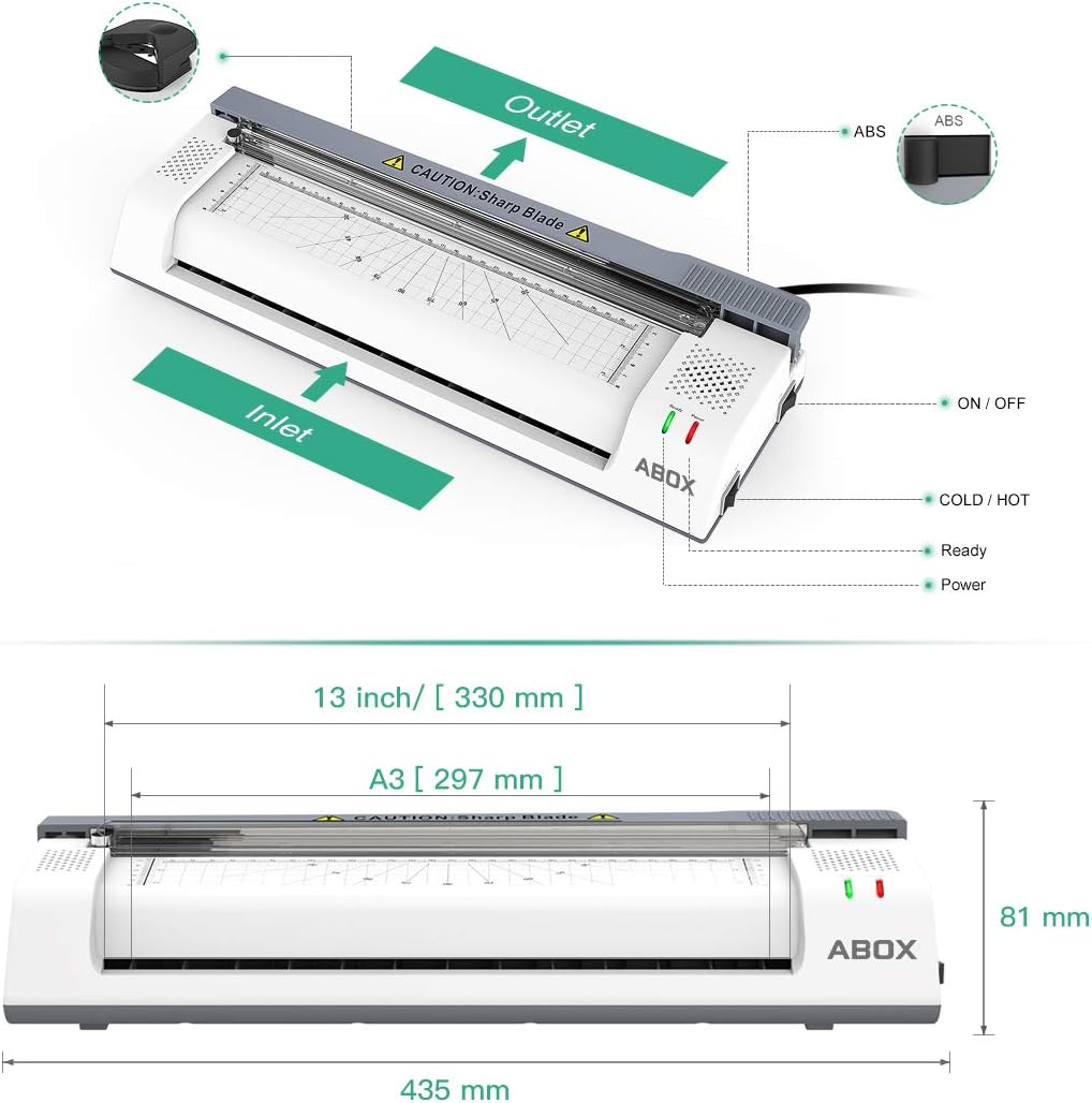 ABOX Laminator, 13 Inch Thermal Laminatir Machine OL381 for A3/A4/A6, with Paper Cutter, Corner Rounder, 16 Laminating Pouches : Office Products