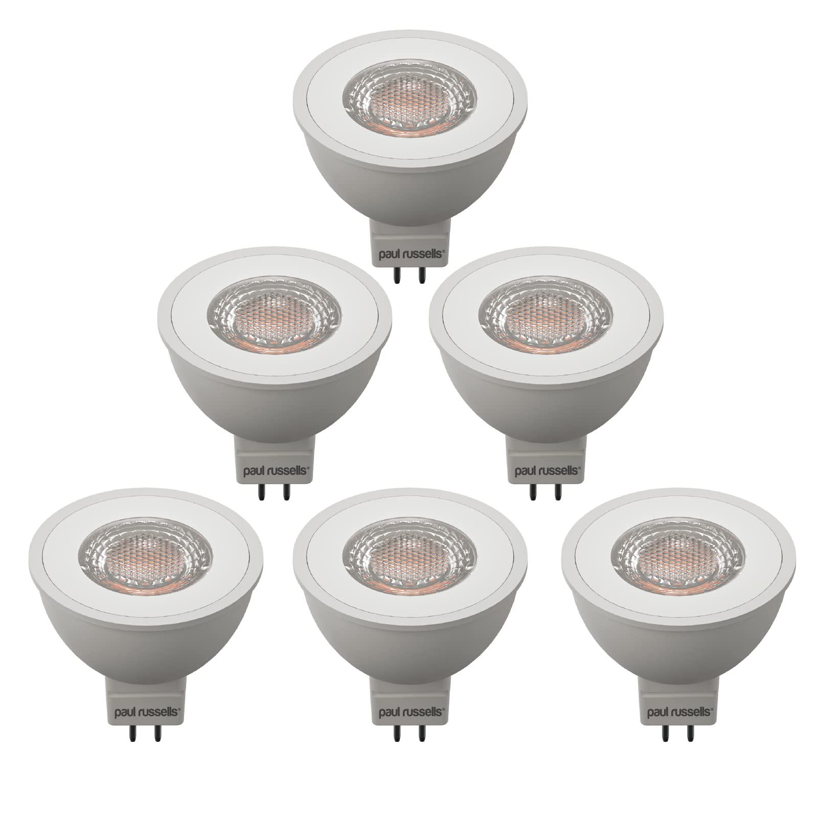 paul russells LED MR16 Bulbs – Pack of 6-35W Halogen Spotlight Equivalent, 12V Bi-Pin Base (GU5.3) - 4.5W 345lm Energy Saving Lights, 36° Wide Beam - 3000K Warm White Frosted - Non-Dimmable Lamps