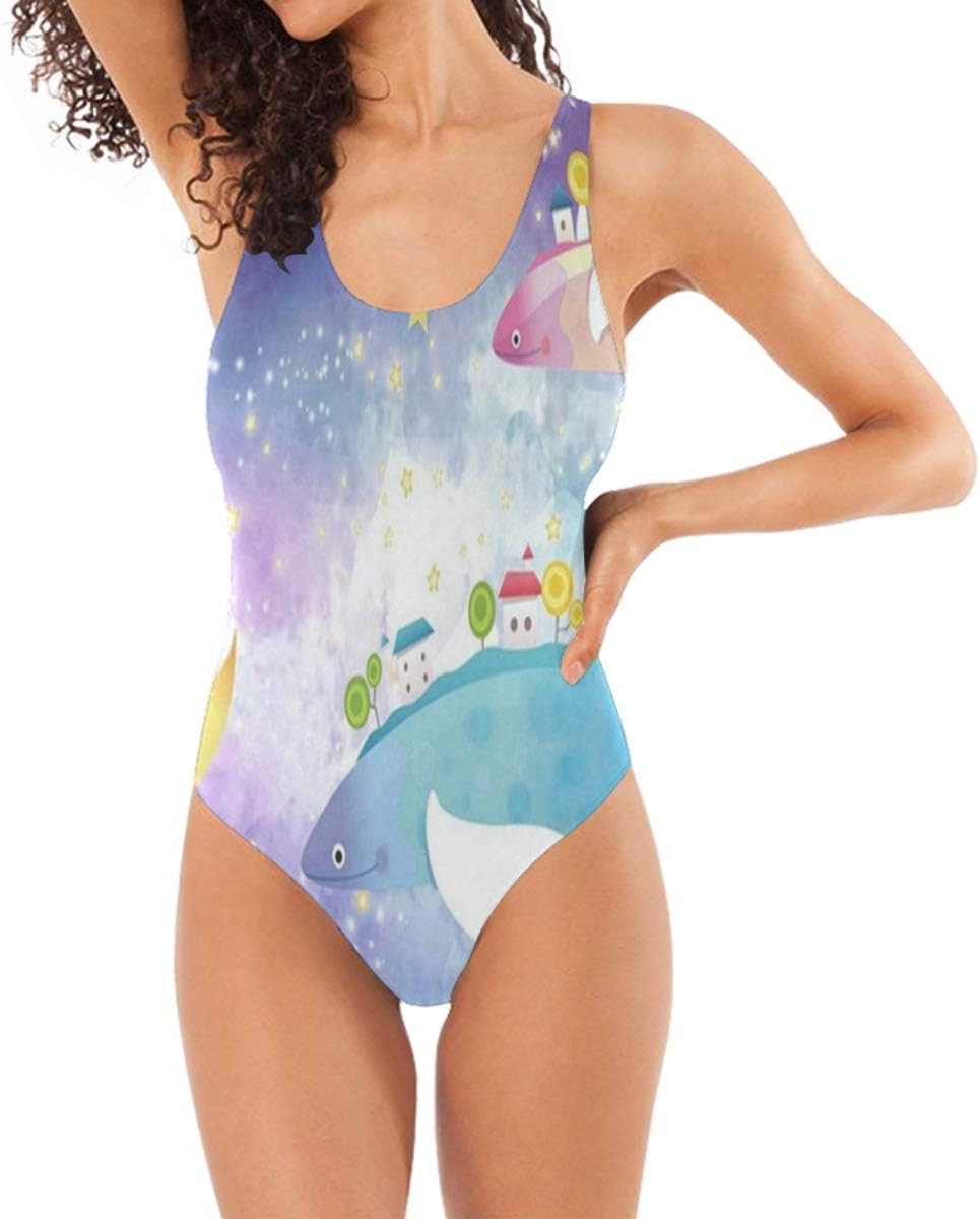 HONGSH Women One Piece Swimsuit Fairytale Whale Moon Star Mushroom Backless Swimwear