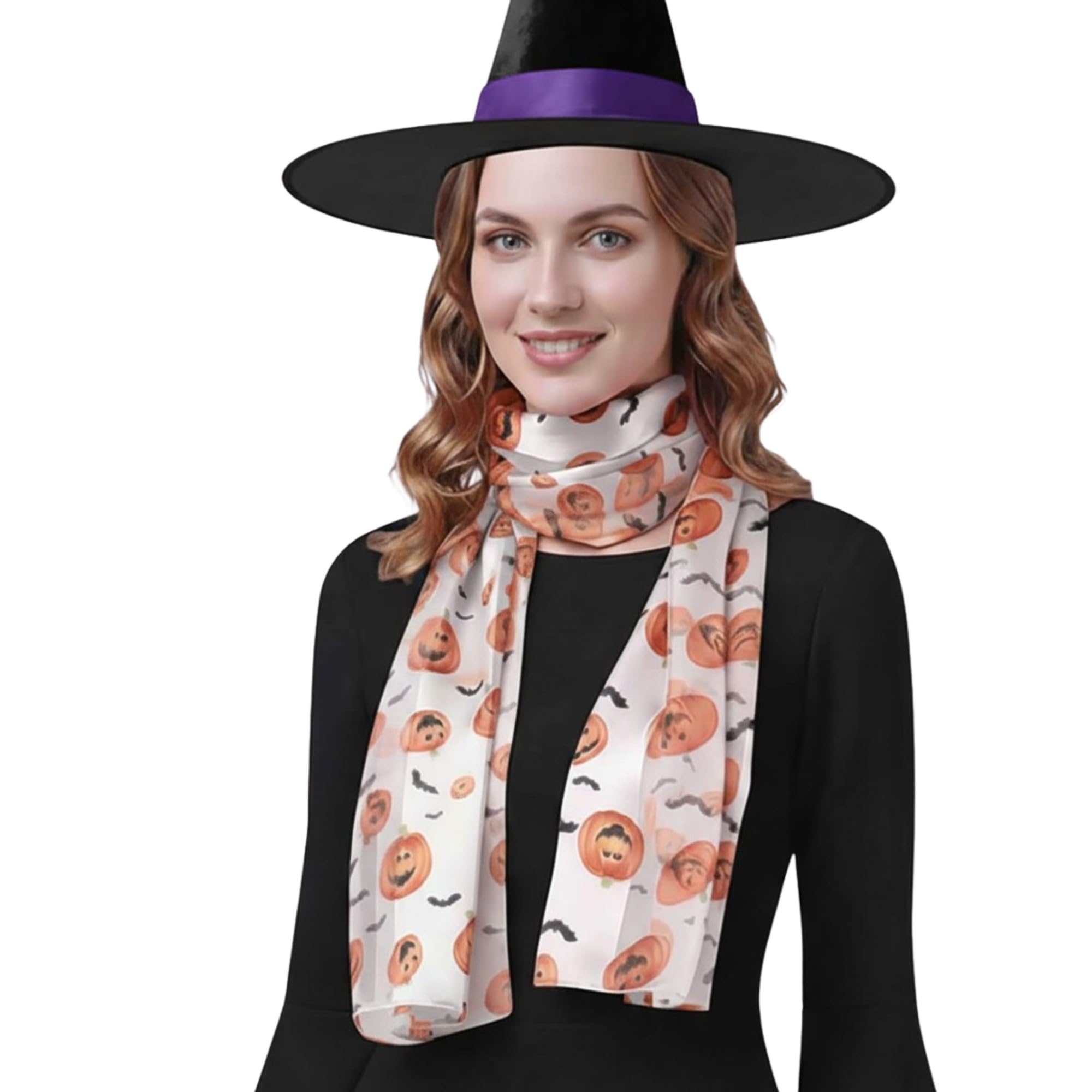 Basic Sense Satin Halloween Scarf with Jack O'Lantern Bat pumpkin Motif, 31 - White