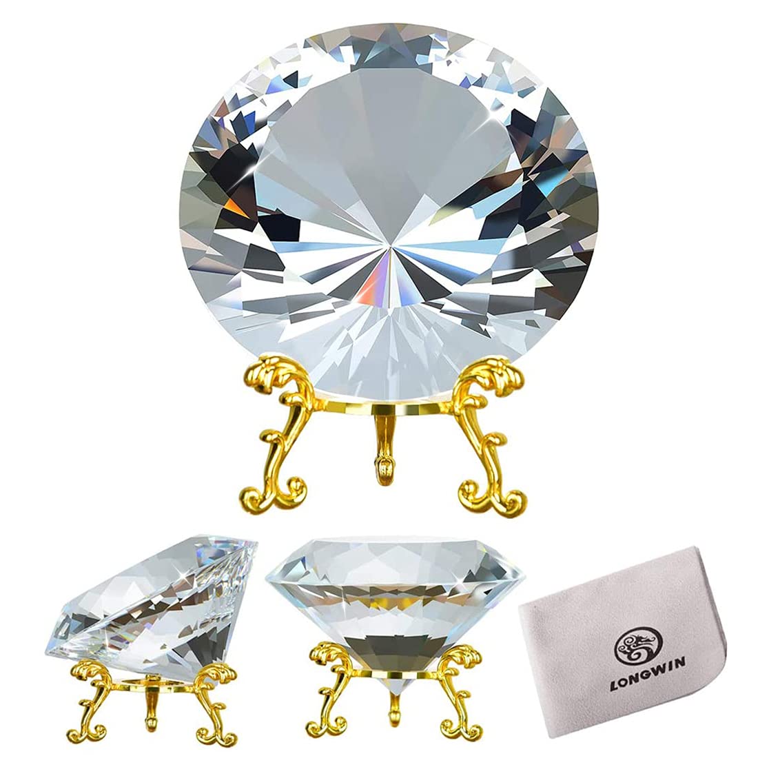 LONGWIN 80mm(3.1 inch) Crystal Diamond Paperweight Jewels Backgrand for Wedding Anniversary Gifts Home Decor with Gold Metal Base (Clear)