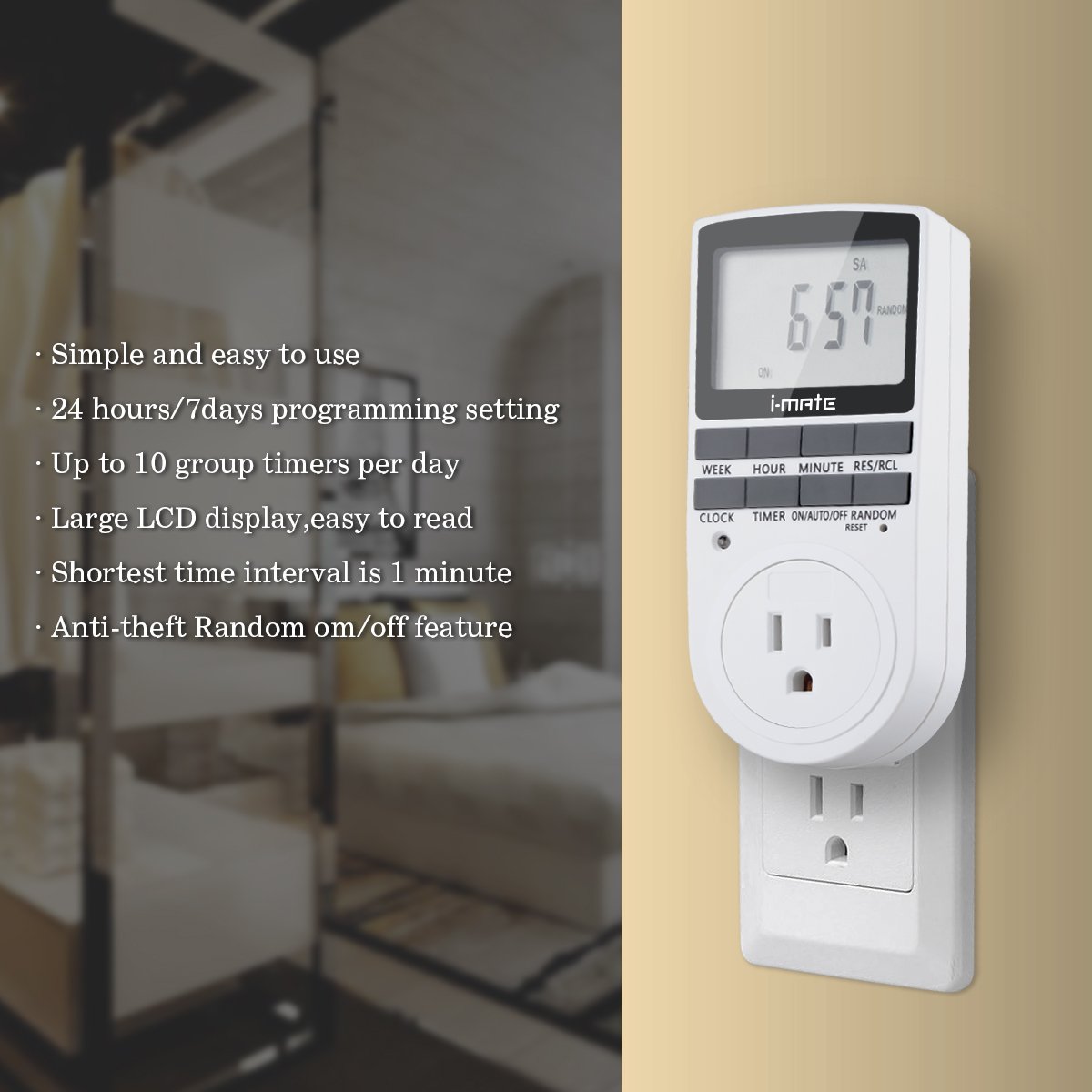 i-Mate 7-day Programmable Plug-in Digital Timer Switch Large LCD Display with Programmable Daily/Weekly Schedule Compatible with 120V, 3-Prong Wall Outlets for Lights and Appliances