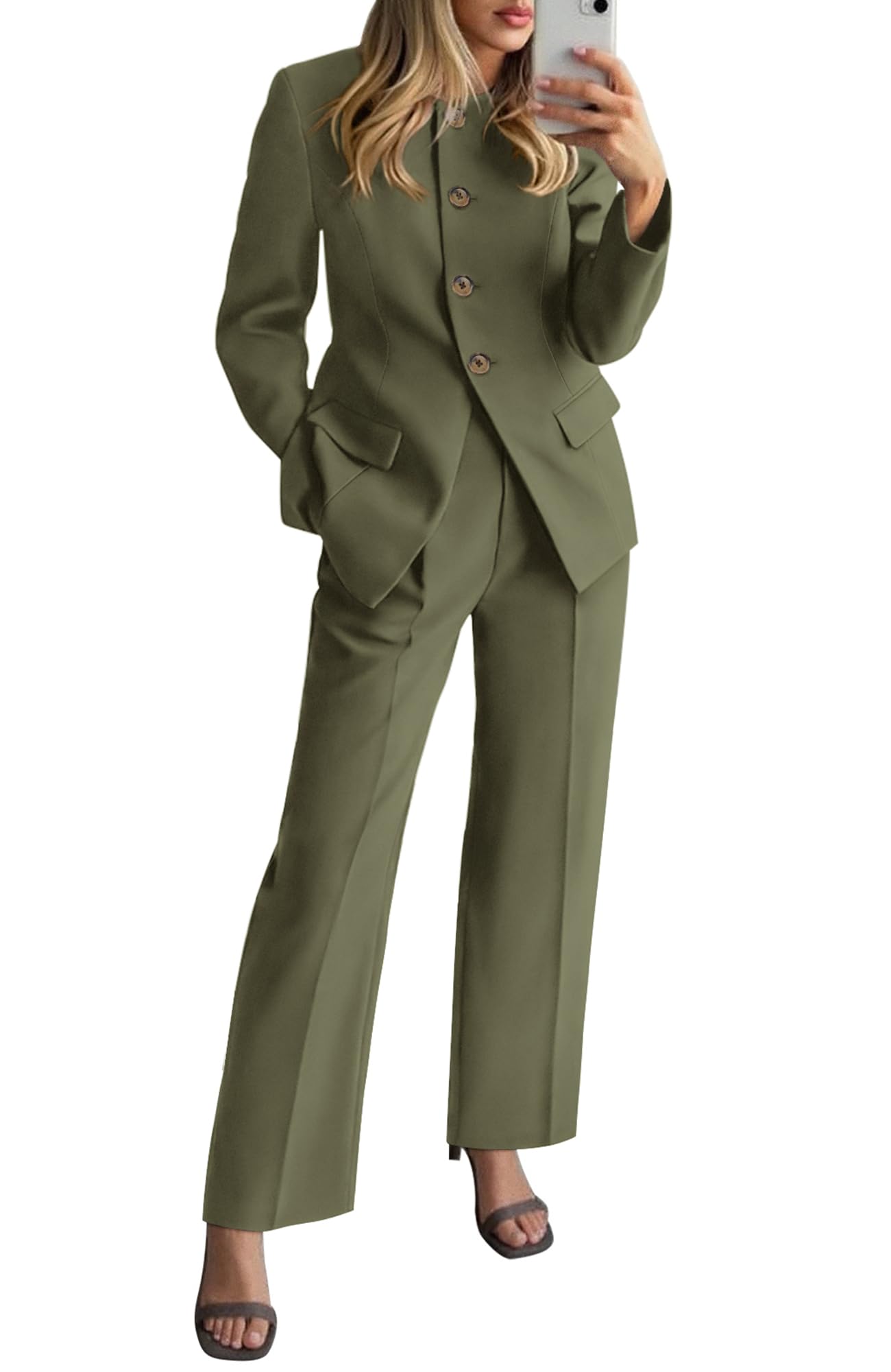 Photo 1 of BTFBM Two Piece Set for Women Fall Fashion 2025 Business Casual Long Sleeve Blazer Jackets Wide Leg Pant Suits Pockets(Army Green, Medium)