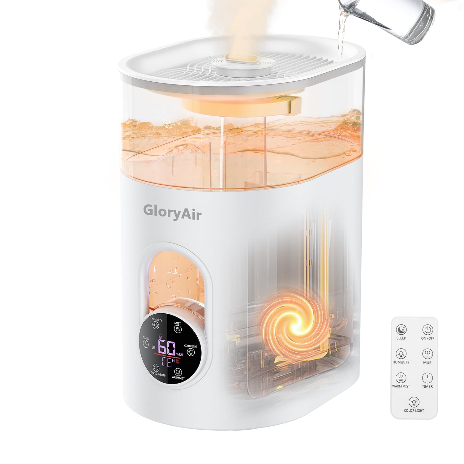 Photo 1 of Humidifiers for Bedroom Large Room Home - GloryAir 6L Quiet Top Fill Cool & Warm Mist Humidifier with Smart Humidity Control, Remote Control, 7-Color Light, Humidistat, Oil Diffuser for Plants & Baby