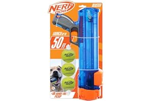 Nerf Dog Tennis Ball Blaster Dog Toy Gift Set, Tennis Ball Dog Fetch Toy Launches up to 50 ft, Dog Ball Thrower for All Breeds Includes Translucent Blue Tennis Ball Launcher and 3 Dog Tennis Balls