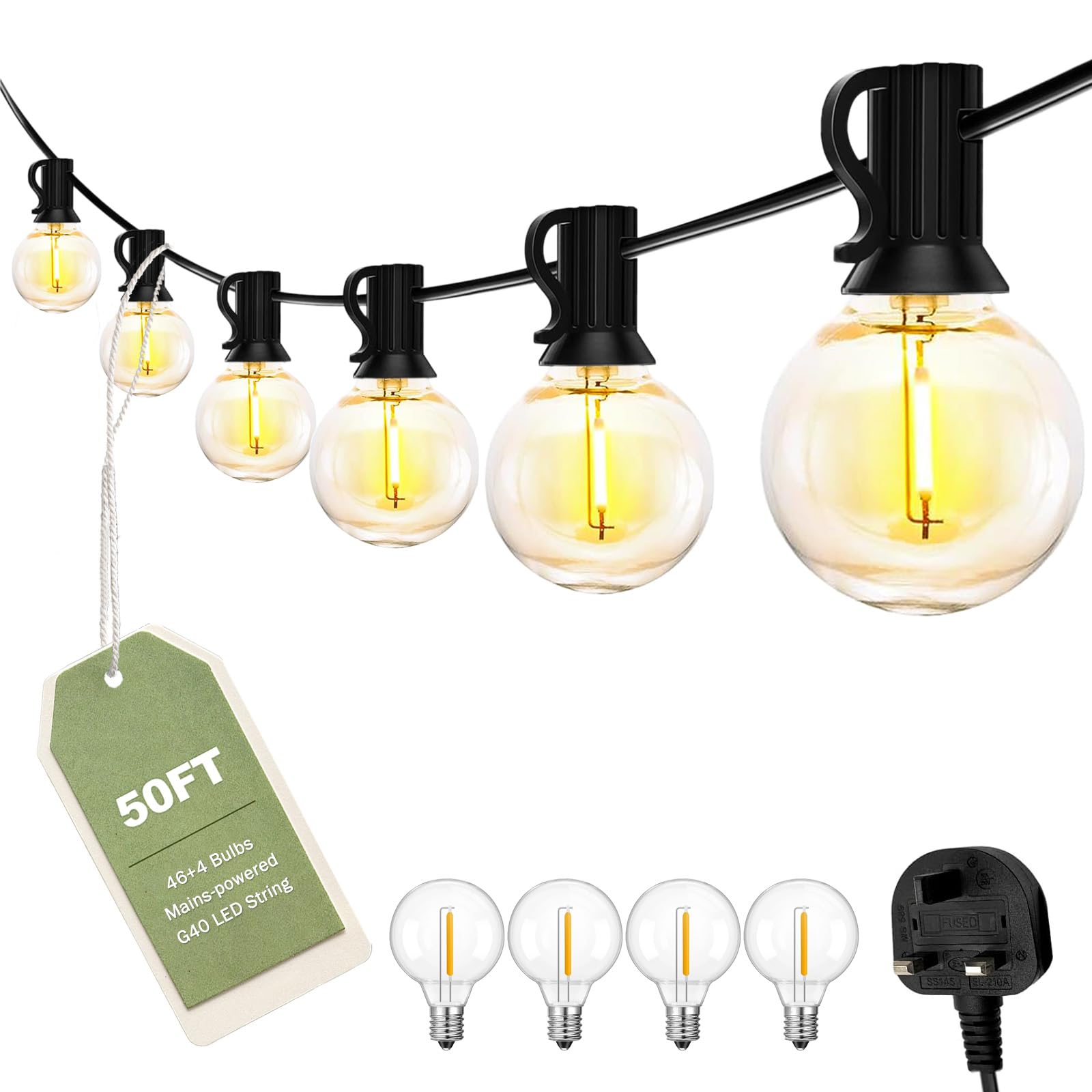 ROMANJOY 50FT Outdoor LED String Lights Mains Powered, Connectable Festoon Lights with 46+4 Shatterproof 1W G40 E12 Bulbs Warm 2200K, for Outside Garden/Patio/Backyard/Cafe/Bistro/Wedding