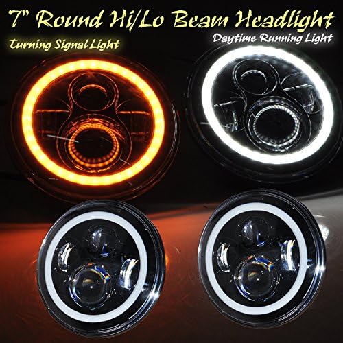 Ohmu 40W 7 Inch Round Yellow Halo Turning Signal Ring Angel Eye White DRL Osram Led Headlights Lights Day Running Light for Jeep Wrangler JK TJ CJ Harley Headlight DRL (White DRL and Yellow Signal)