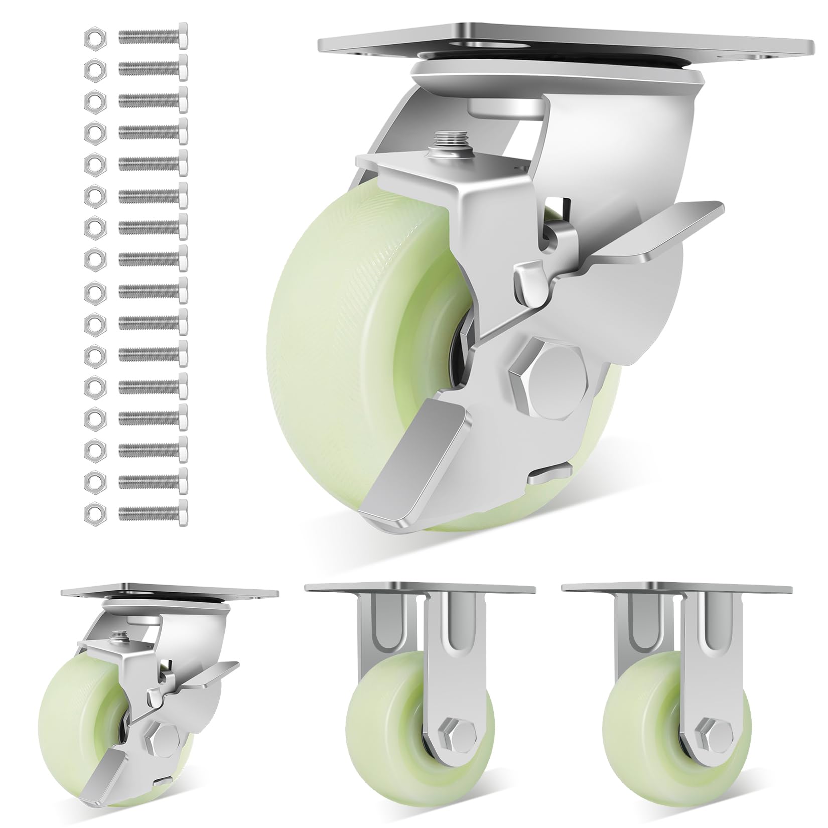 Photo 1 of W B D WEIBIDA Heavy Duty Caster Wheels 4 Inch - 2500 LBS, PP Plate Castor Set of 4 with Double Ball Bearings, Non-Marking Industrial Swivel Casters for Hand Trucks, Carts, Industrial (2 Brake 2 Rigid)