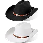 Boyiee 2 Pcs Cowboy Hat for Men Women Western Style Felt Cowboy Wedding Hats Cowgirl Hat Belt Buckle Halloween Party Costumes(Black, White)