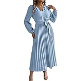 HANCIZYA Women's Fall Long Sleeve Midi Dress V Neck Casual Loose Fit Spring Pleated A Line Flowy Vacation Dresses (US, Alpha, X-Large, Regular, Regular, Light blue-02)