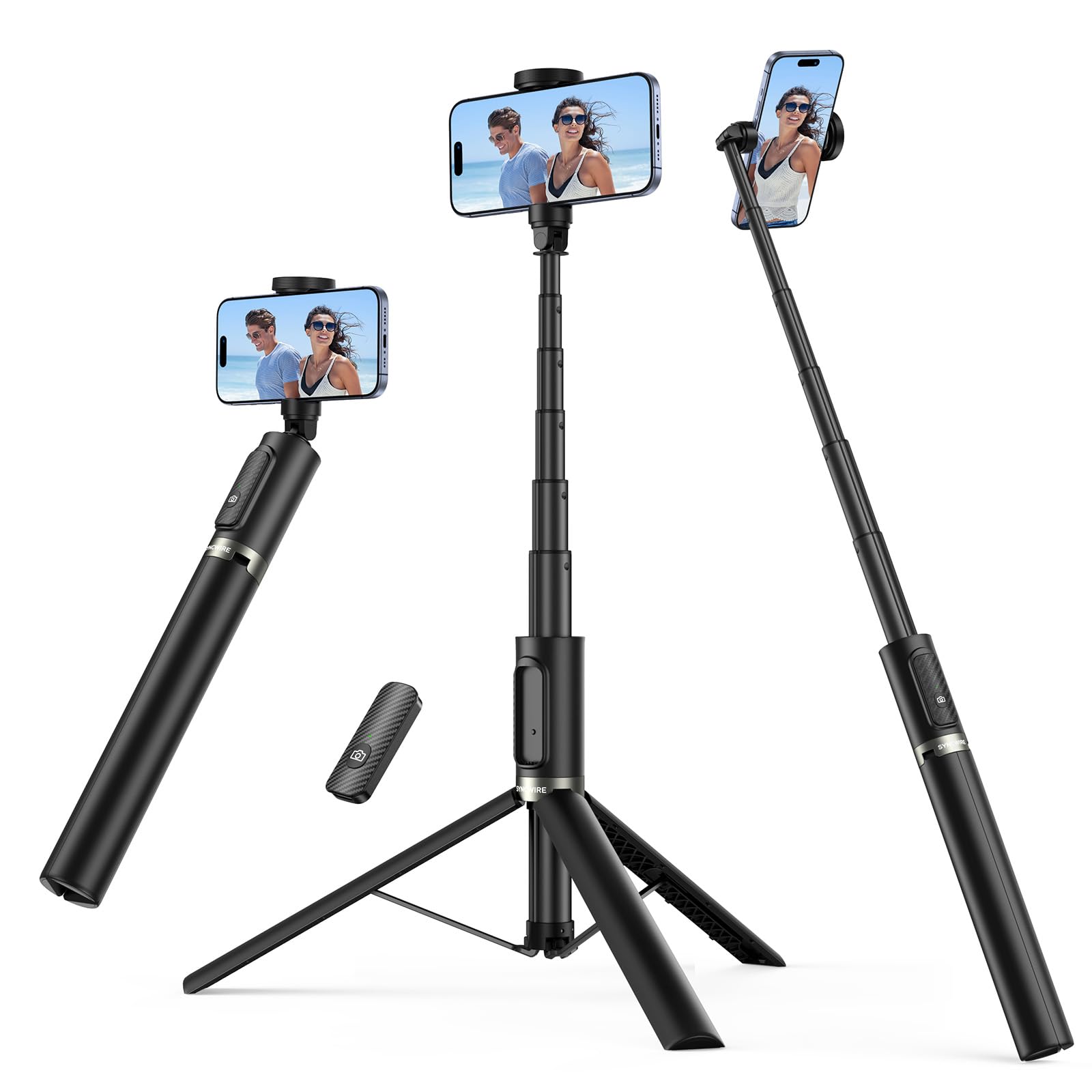 SYNCWIRE 55" Phone Tripod with Bluetooth Remote, Aluminum Selfie Stick Tripod with 360° Rotation, for iPhone & Android Phones, Travel Selfie Stick Stand for Vlogging, Live Streaming, Black